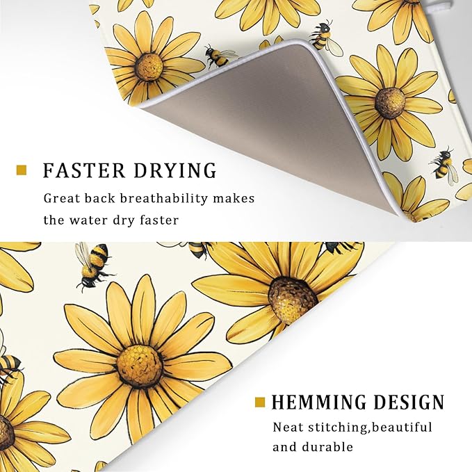 ABSOP Spring Summer Sunflower Bee Dish Drying Mat of Kitchen Counter 18×24 Inch Floral Drainer Pad Flower Dish Rack Pad Drainer Mat Washable Absorbent Reversible Microfiber for Coffee Bar