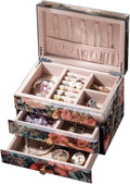 Glass Jewelry Box With Floral Pattern, 3-Tier Jewelry Organizer for Women Girls,Jewelry Gift Decorative Boxes, Art Painting Tabletop Ornament Organizer For Earring Necklace Christmas Gifts