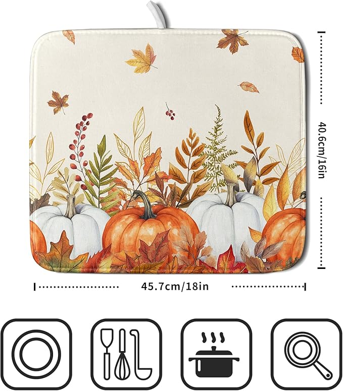 ABSOP Fall Dish Drying Mat for Kitchen Counter 16 x 18 Inch Orange Pumpkin Drying Mat Absorbent Reversible Microfiber Mats for Thanksgiving Decoration Dish Rack Pad Drainer Mat for Coffee Bar