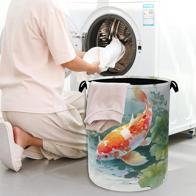 Goldfish Laundry Basket,Lotus Foldable Oxford Cloth Tote Bag Laundry Hamper Clothes Storage Bucket Organizer for Bedroom Laundry Storage Dormitories 16" x 20.8"