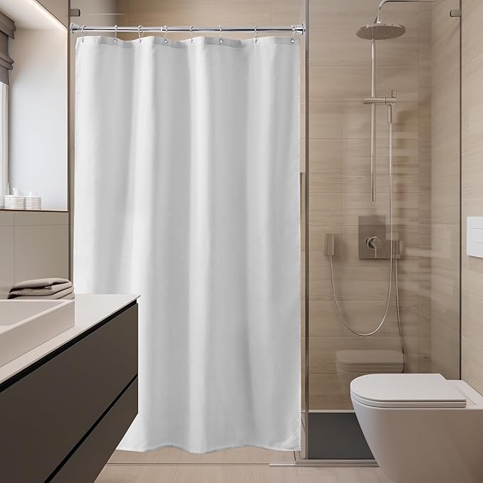 Amazer Small Stall Shower Curtain Liner Washable, 48x72 Inches, Fabric Shower Liner with 2 Bottom Stones, Narrow Waterproof RV Shower Curtain Liner, 8 Grommet Holes, Hotel Quality, White