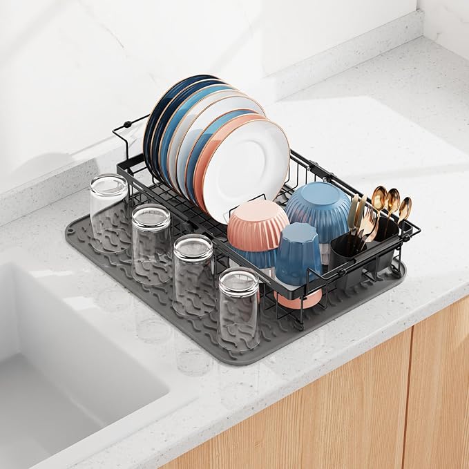 iSPECLE Expandable Dish Drying Rack with Silicone Mat for Large Kitchen Sink or On Counter, Rust Resistant Adjustable Over The Sink Dish Drainer with Tightening Knob, 12.8" W x 15.8"-20.7" L, Black