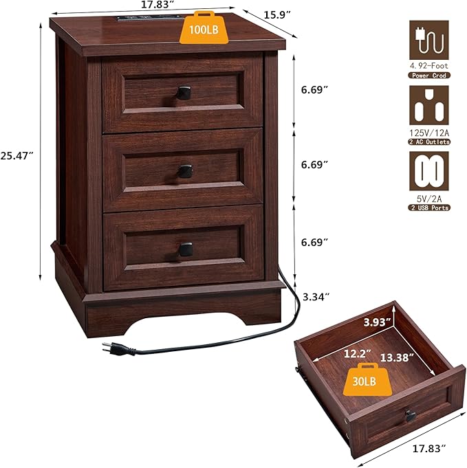 LIDYUK 3-Drawer Cherry Wood Dresser for Bedroom Farmhouse Dresser Chest of Drawers, 25" Tall Nightstand with Charging Station Chest of Drawers for Bedroom, Living Room