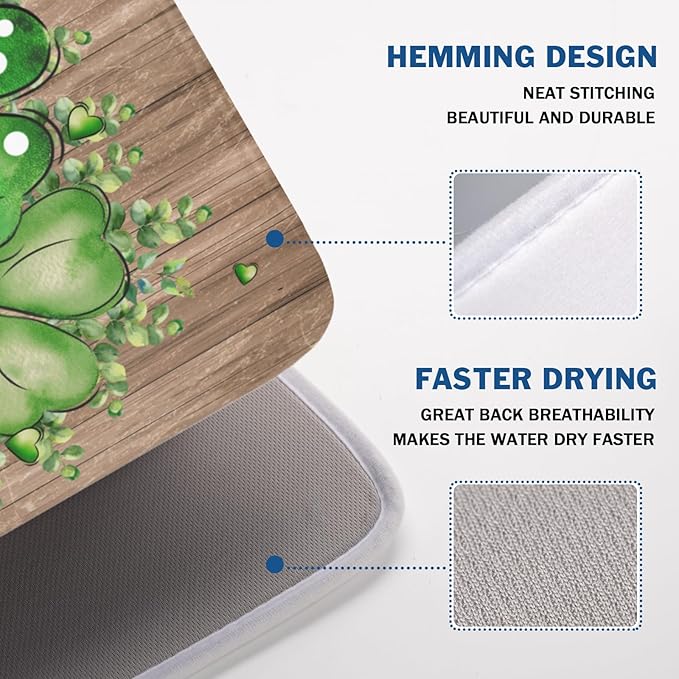 Wnoesat St Patricks Day Wooden Plank Texture Shamrock Dish Drying Mat St Patrick Eucalyptus Leaves Clover Dish Drying Pad for Kitchen Counter Absorbent Microfiber Dishes Drainer Rack Mats 18x24 Inch
