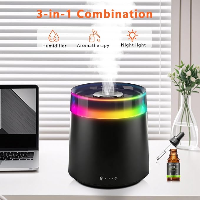 Humidifiers for Bedroom Home,3L Top Fill Cool Mist Humidifier for Baby Nursery,Essential Oil Diffuser for Large Room,3 in 1 uiet Ultrasonic Humidifier for,Office,Plant,Nursery,BPA FREE(Black)