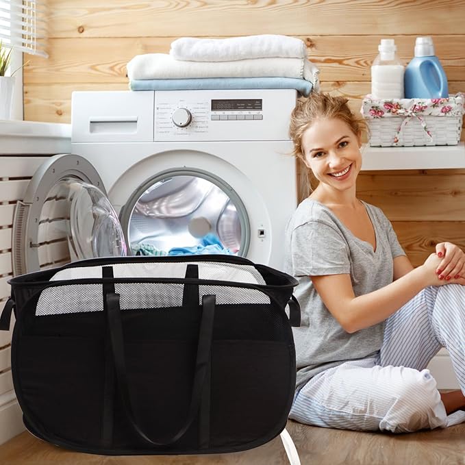 2 Pcs Collapsible Laundry Baskets, Tear Proof Pop Up Laundry Hamper with Dual Handles, Durable Foldable Laundry Basket, Easy to Carry Laundry Hamper for Home, Laundry Room, Bedroom, Dorm, Travel Black
