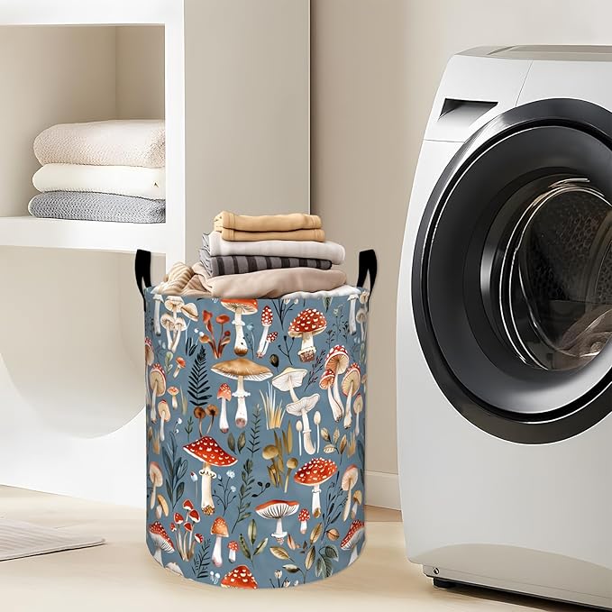 Cute Mushroom and Green Leaves Laundry Basket with Handles, 19.7"x15.7" Clothes Foldable Laundry Hamper Organizer for Dorm Nursery Bedroom Bathroom Decor, Toy Storage Bin for Kids