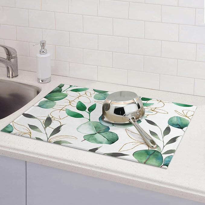Green Leaves Dish Drying Mat 18x24 For Kitchen Counter Absorbent Microfiber Dishes Pad Dish Drainer Rack Mats Fast Dry Kitchen Accessories