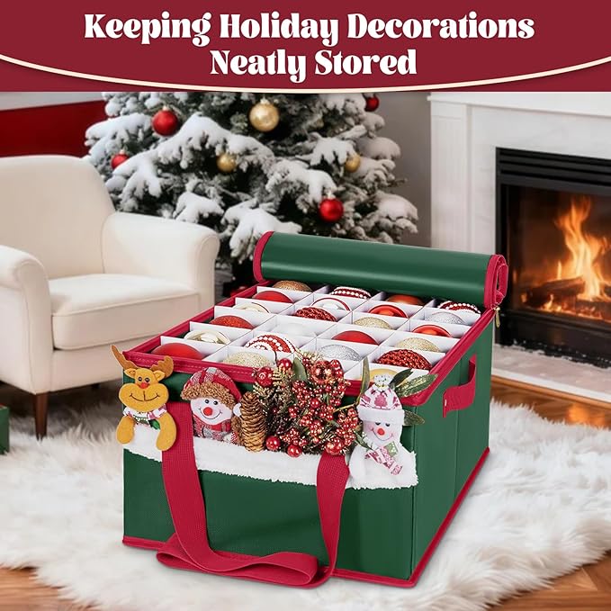 Christmas Ornament Storage Box Holiday Ornaments Storage Container Bin Zippered Top Ball Storage with Adjustable Dividers Holds 72 Ornaments (3 Inch) Green