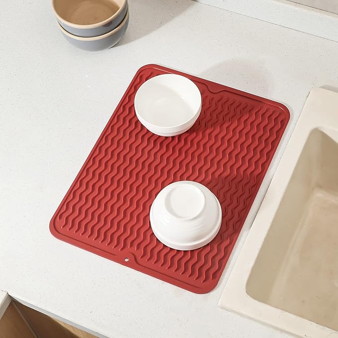 MicoYang Silicone Dish Drying Mat for Multiple Usage,Easy clean,Eco-friendly,Heat-resistant Silicone Mat for Kitchen Counter or Sink,Refrigerator or drawer liner Red L 16 inches x 12 inches