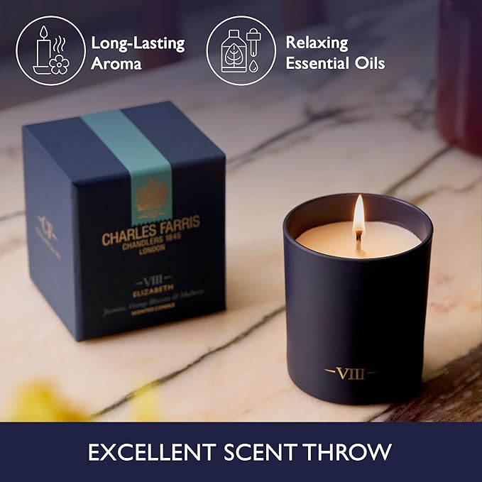Charles Farris Luxury Scented Candle – 1 Wick, Hand-Poured, Long Lasting, Clean Burning, 210g / 7.5oz, Burns for up to 50 Hours, Made in England – Orange Blossom, Jasmine & Green Mulberry – Elizabeth