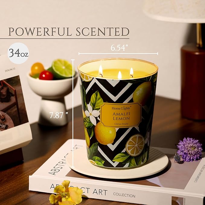 HomeLights Scented Candles | Large Jar 34 Oz Natural Soy Candle | 130 hrs Long-Lasting with 3 Wicks | Eclectic Mixed Styles Home Decor | Gifts for Mom & Women, Amalfi Lemon