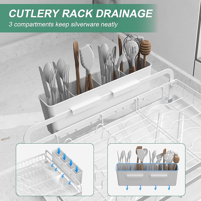HOMEAILIE Dish Drying Rack,Dish Racks for Kitchen Counter, Metal Dish Drainer with Adjustable Drainage Spout, Removable Knife and Fork Holder (White)
