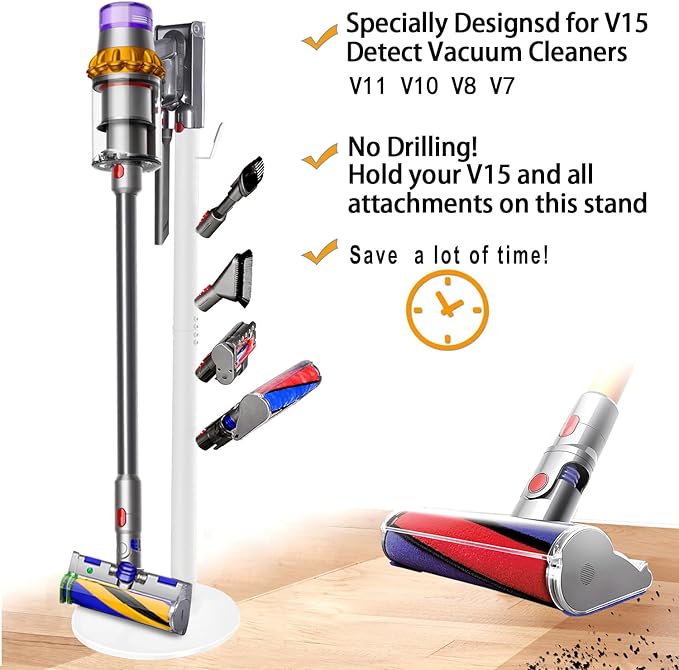 Freestanding Vacuum Stand Holder Compatible with V15 Detect, V11 V10 V8 V7 V6 Cordless Vacuum Cleaners, Floor Docking Station Metal Organizer Bracket with 5 Hooks, White