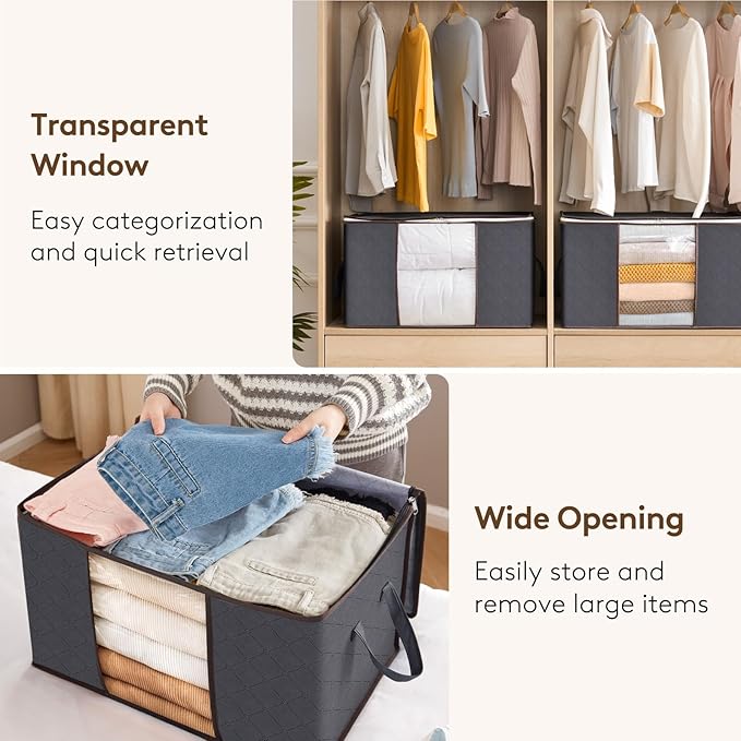 Lifewit 12 Pack Clothes Storage Bins with Lids, Foldable Blanket Storage Bags with Zippers, Clear Window and Reinforced Handles, Closet and Organization for Clothing, Sweater, Comforter, Bedding, Gray