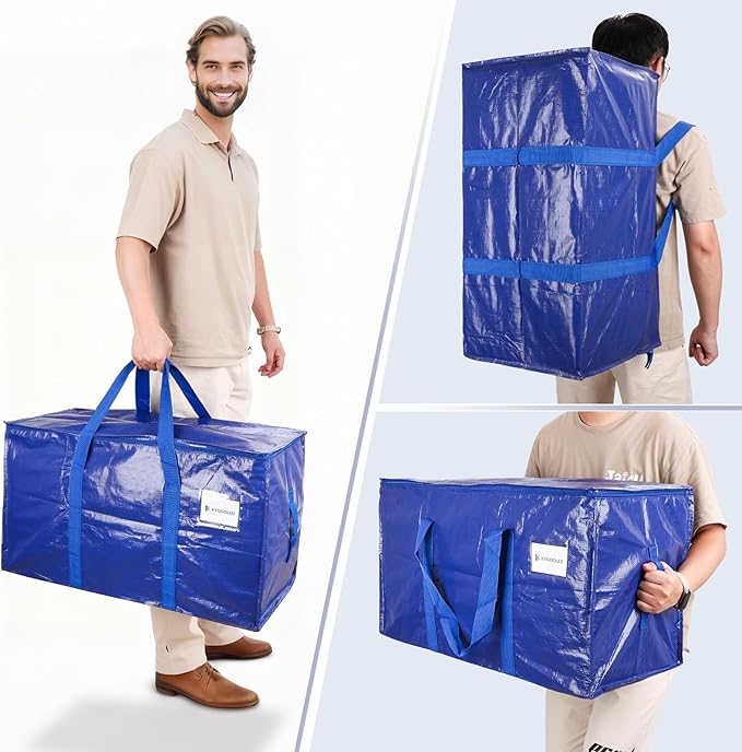 KYODOLED 6 Pack Extra Heavy Duty Blue Moving Bags - Large Move In & Packing Bags for College Students, Sturdy Storage Totes with Strong Zipper & Comfortable Handles for Clothes Storage