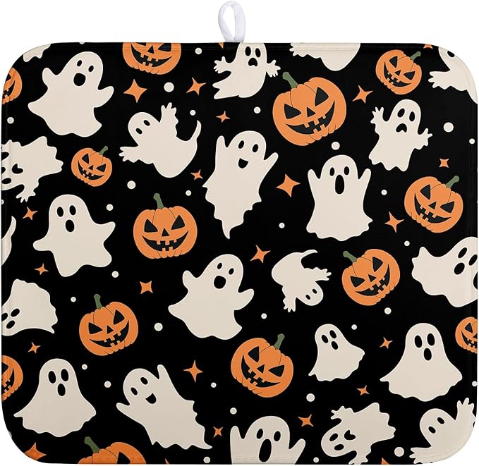 Wnoesat Halloween Dish Drying Mat for Kitchen Counter Pumpkin Spooky Ghosts Fall Dish Mat Absorbent Microfiber Reversible Dish Draining Mat Medium Dishes Pad 16 X 18 Inch