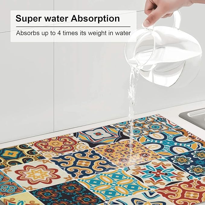 Talavera Mexican Tiles Dish Drying Mat 18x24 For Kitchen Counter Absorbent Microfiber Dishes Pad Dish Drainer Rack Mats Fast Dry Kitchen Accessories