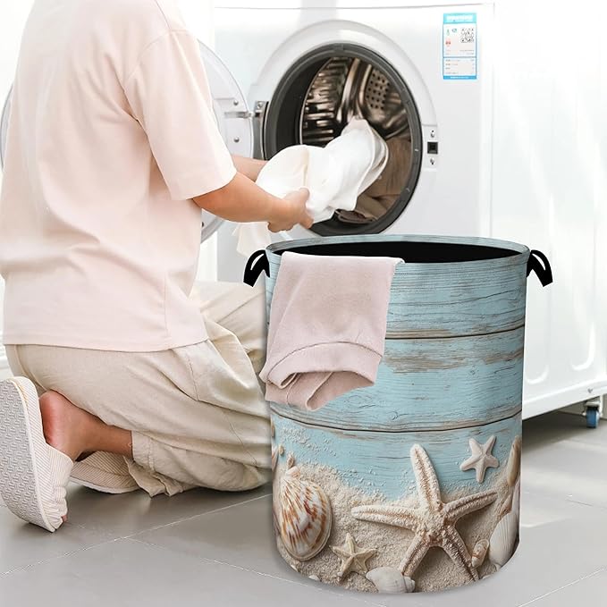 Starfish Seashell Laundry Basket,Vintage Wooden Oxford Cloth Laundry Hamper with Handle Foldable Portable Clothes Storage Basket for Bathroom Bedroom Dorm Room 16" x 20.8"