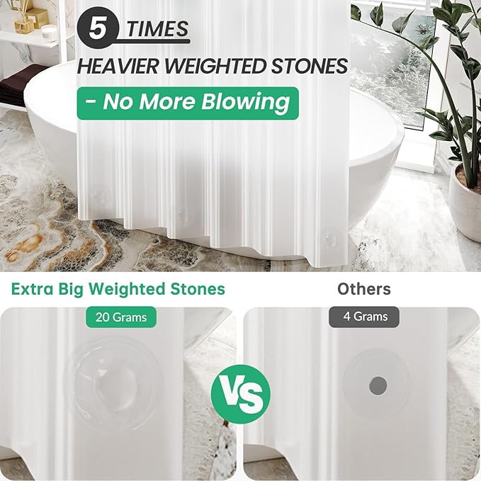 AmazerBath Frosted Shower Curtain Plastic 72x72 Inches, Heavy Duty Shower Curtain Waterproof, Thick PEVA Shower Curtains for Bathroom with 3 Big Clear Weighted Stones and 12 Rustproof Grommets