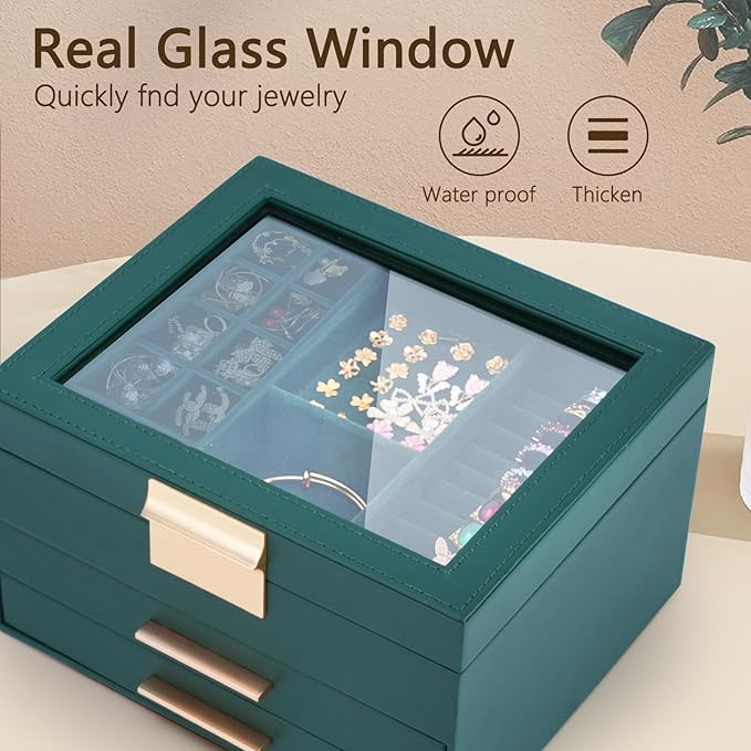 3-Layer Jewelry Box for Women, Jewelry Organizer with Glass Lid and Drawers, Jewelry Organizers and Storage for Necklaces, Rings, Earrings, Bracelets - White/Green/Black