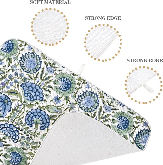 Vintage Blue Sage Green Floral Dish Drying Mat 18 x 24 Inch Boho Floral Drying Mat for Kitchen Counter Absorbent Flowers Dishes Dry Pad for Drainer Rack Kitchen Fast Dry
