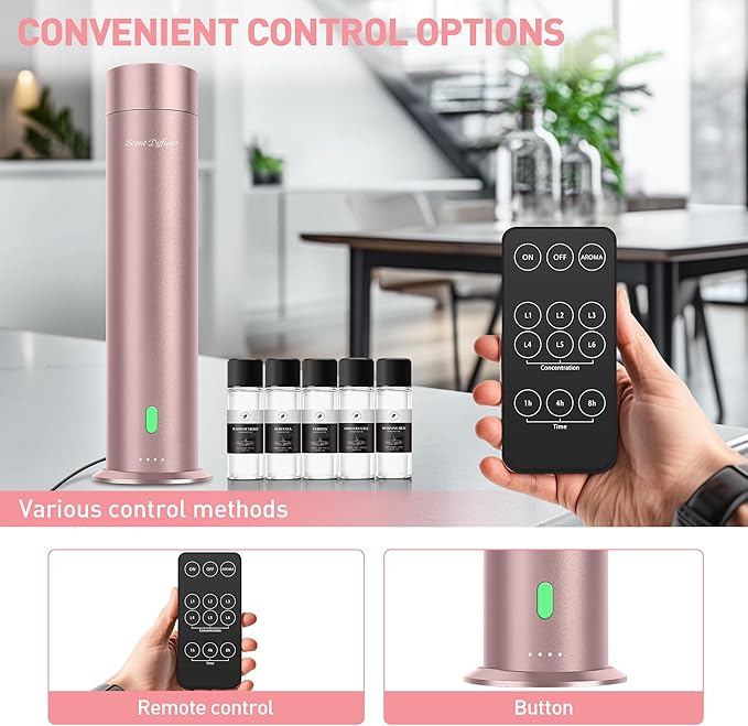 Waterless Scent Diffuser Starter Kit - 1000 Sq Ft Coverage, Hotel Scent Diffuser, Essential Oil Diffuser Large Room, Included 5 Scent Oils, Remote Control, Rosepink