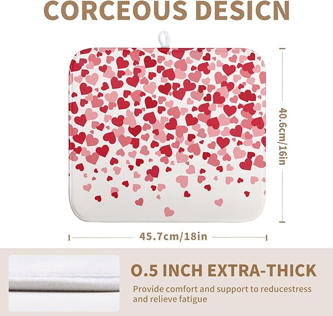 Wnoesat Valentines Dish Drying Mat Pink Red Love Hearts Valentine Drying Mats for Kitchen Counter Absorbent Microfiber Reversible Dish Draining Mat Medium Dishes Pad 16 X 18 Inch