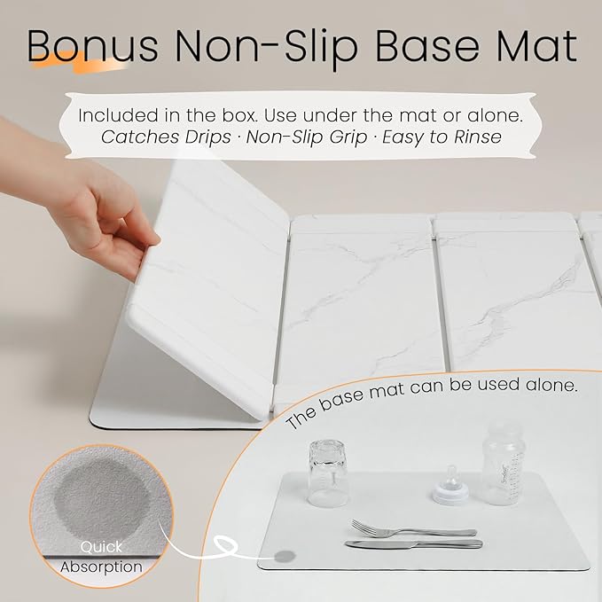 Large Stone Drying Mat for Kitchen Counter, Easier Cleanup - Smart hinge design, Quick-Dry Non-Slip Counter Protector for Dishes, Cups & Bottles, 24.5" x 16"
