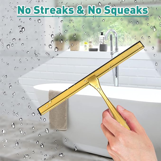 steauty Shower Squeegee for Glass Doors,12-Inch Shower Glass Squeegee, Gold Shower Squeegee for Shower Doors,Mirror,Windows, with Shower Door Hook and Adhesive Hook