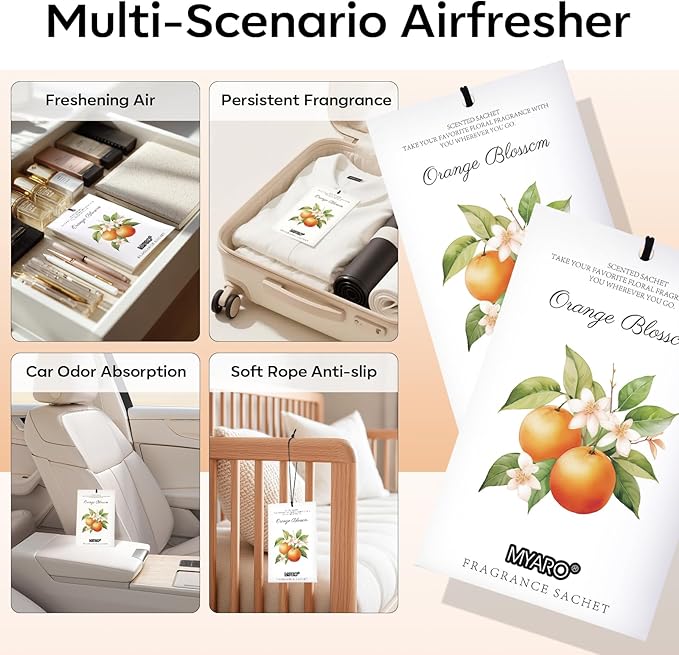 MYARO 12 Packs Orange Blossom Scent Sachets for Closet Home Long Lasting Shoe Odor Deodorizer Bathroom Car Air Frehener
