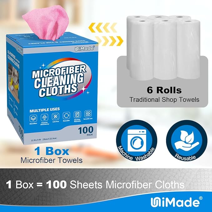 UNIMADE Microfiber Cleaning Cloth, 100 Sheets Microfiber Towels for Cars Commercial Grade Shop Towel Washcloths Lint-Free Bulk Cleaning Rags for Mechanic Restaurant Garage Housekeeping, 11"x 9", Pink
