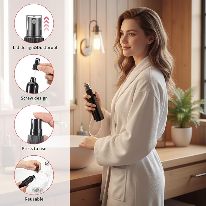 SHENLIU 30 Pack Black Empty Spray Bottles 4oz with Cap, Plastic Fine Mist Spraying Bottles Portable Small Refillable Sprayer Liquid Container for Perfume Cleaning Essential Oil