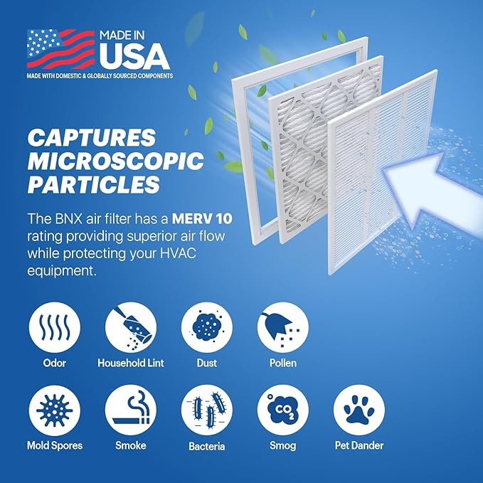 BNX TruFilter 20x25x1 MERV 10 (2-Pack) AC Furnace Air Filter - MADE IN USA - Pleated Air Conditioner HVAC AC Furnace Filters - Removes Odor, Mold, Bacteria, Smoke