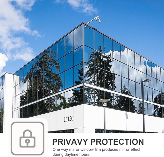 Window Privacy Film One Way Daytime Mirror Tint Treatments UV Heat Control Vinyl Stickers Sun Block Glass Paper Door Covering Reflective (Black Silver, 17.5 Inch x 15.7 Feet)