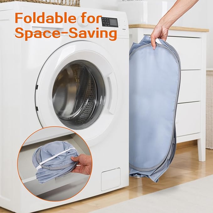 Sturdy Collapsible Laundry Baskets, Foldable Pop Up Laundry Hamper, Durable 2 Compartments Laundry Basket, Handy Pocket & Easy to Sort Clothes Hampers for Laundry, Dorm, Kids Room, Travel Grey