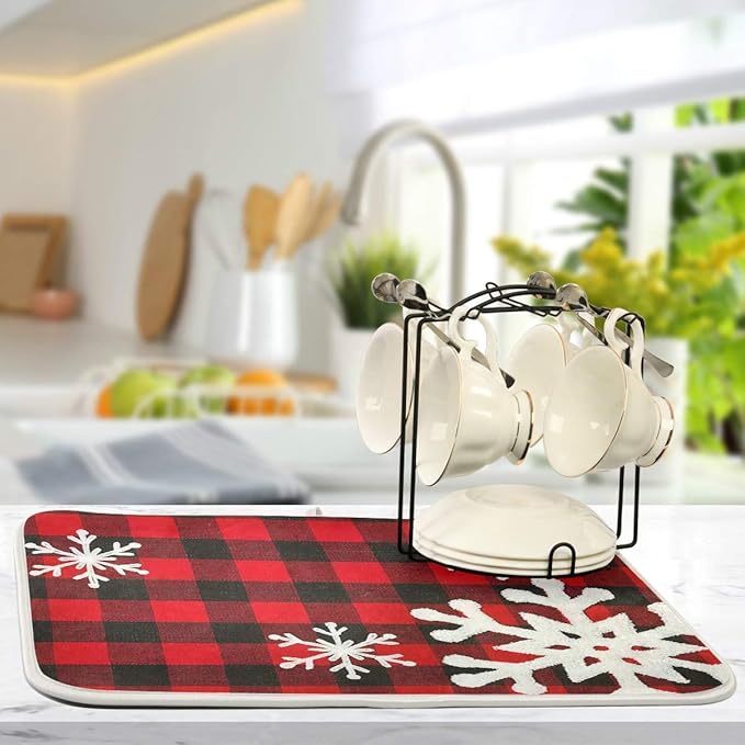 Christmas Red Plaid Snow Snowflake Dish Drying Mat 16x18 inch Red Black Lattice Texture Dish Drainer Kitchen Counter Mats Bottles Dish Dry Pad Protector for Kitchen Countertops