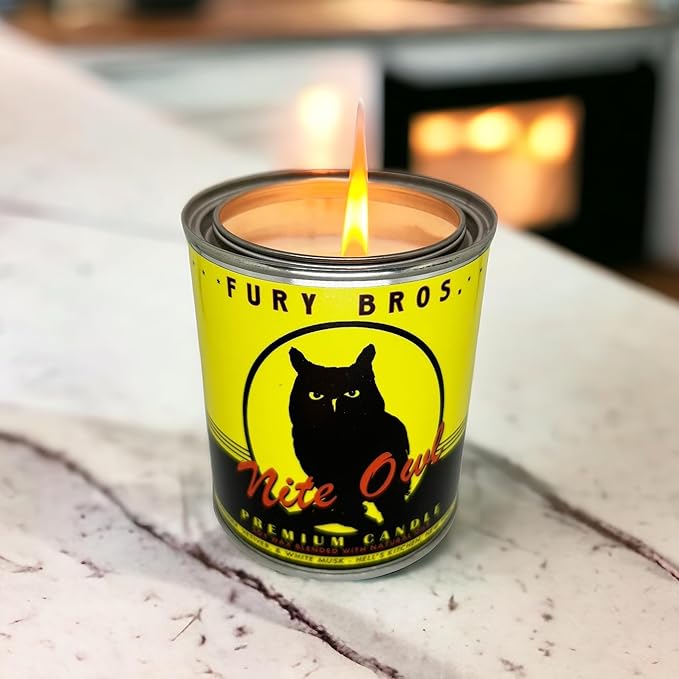 Fury Bros. Scented Candles for Men | Nite Owl | Lavender Vetiver White Musk | Natural Soy Wax | Hand-Poured in The USA | Long 70-80 Hour Burn (12.5 oz) | Vintage-Inspired Tin Design | Dad Home Gift