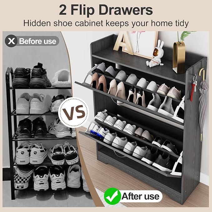 Shoe Cabinet with 2 Flip Drawers & Adjustable Shelf,Wood Shoe Organizer,Freestanding Hidden Shoe Storage Cabinet for Entryway,Hallway (Black)