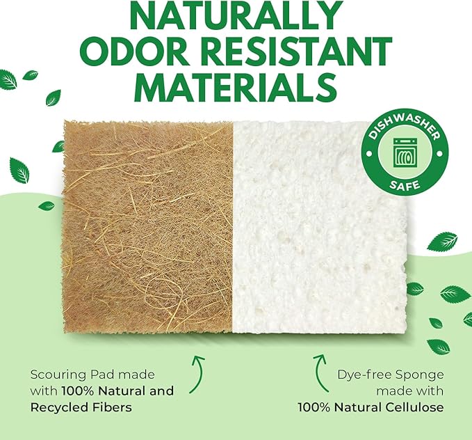 AIRNEX Natural Kitchen Sponges Pack of 20 - Biodegradable Cellulose and Coconut Husk Walnut Scrubbers - Odor Free Non Scratch - Eco Friendly Quick Drying Dishwashing Sponges