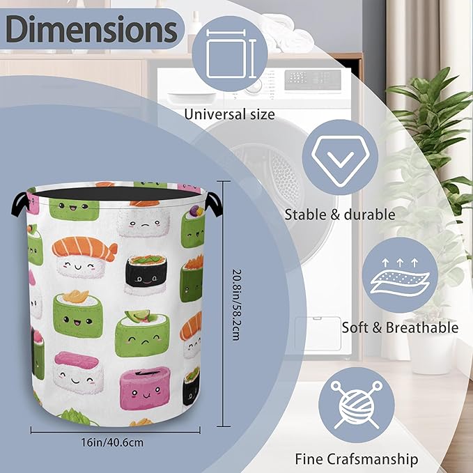 Cute Sushi Laundry Basket,Japanese Foldable Oxford Cloth Tote Bag Laundry Hamper Clothes Storage Bucket Organizer for Bedroom Laundry Storage Dormitories 16" x 20.8"
