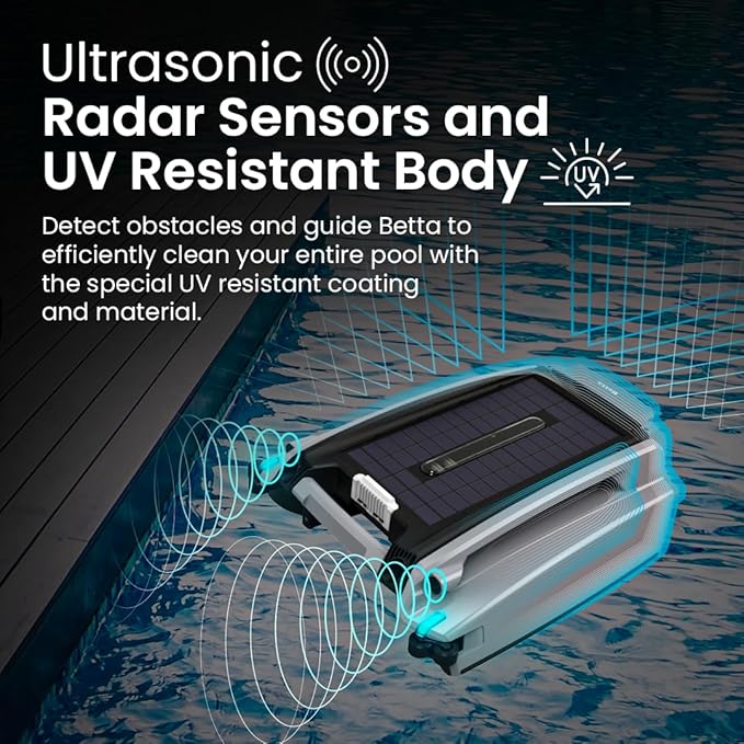 Betta SE Plus - Solar-Powered Robotic Pool Skimmer with 24/7 Continuous Cleaning Power, Dual Charging Options, Twin Salt Chlorine Tolerant Motors, and Shallow Water Safeguard