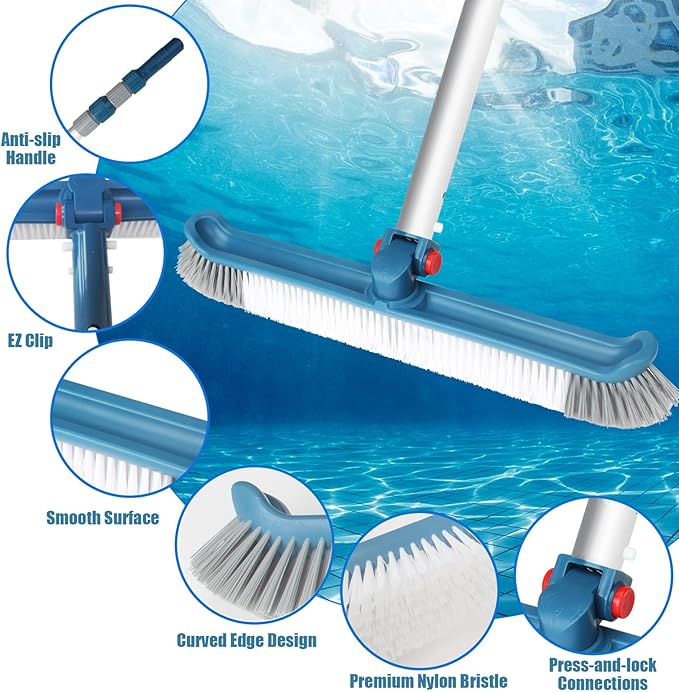 Swimming Pool Brush with Pole, 16ft Aluminum Telescopic Pool Poles and 18inch Polished Nylon Bristles Pool Brushes Head for Cleaning Pool Walls