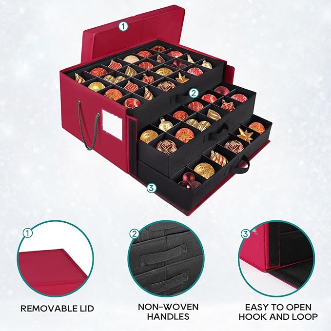 Christmas Ornament Storage Box，Stackable 3 Drawer Organizers，Max 72 3" Christmas bauble, Adjustable Christmas Ball Storage Container Bins, Red