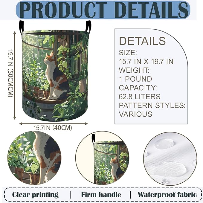 Cat and Plants Laundry Basket Hamper 19.7"x15.8", Garden Foldable Waterproof Oxford Clothes Storage Bucket for Room Bathroom Bedroom Nursery Decor, Toy Organizer Bins Gifts for Kids Boys Girls