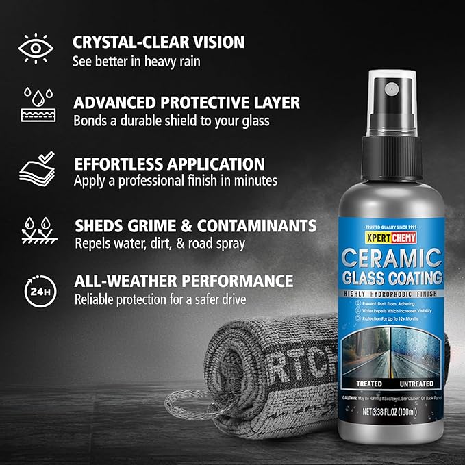 XPERTCHEMY Ceramic Rain Repellant Windshield, Glass Coating Spray, Hydrophobic Protective Formula, Advanced Rain Windshield Water Repellent for Cars, Mirrors and Other Glass Surfaces