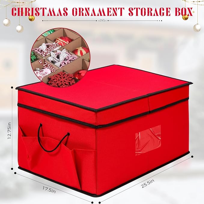 Christmas Ornament Storage Container Box, Adjustable Dividers- Large Christmas Ball Storage Boxes with 3 Removable Trays Keeps Holiday Decorations (72-4")