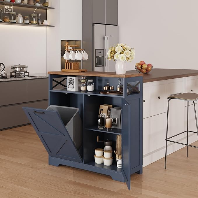Tilt Out Trash Can Cabinet for 13 * 1 Gallon Trash Can, Farmhouse Kitchen Island Cabinet with Adjustable Shelf for Hidden Laundry Basket, Dog Proof Garbage Can for Dining Living Room, Blue
