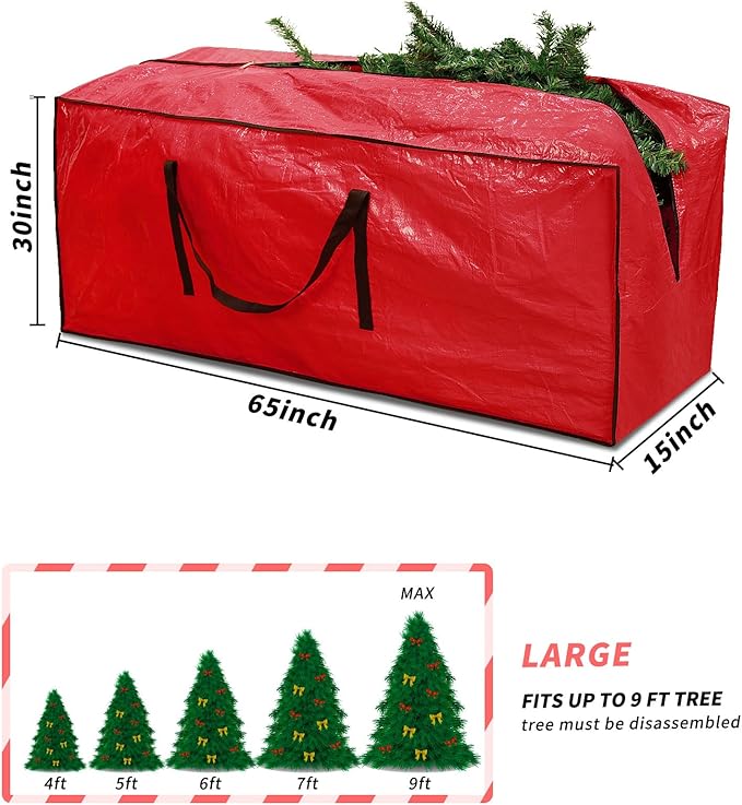 Christmas Tree Storage Bag 9 ft, Fits Up to 9 Foot Artificial Trees, Plastic Water Resist Xmas Tree Bag, Reinforced Handles & Zippered & Durable, Holiday Decoration Storage Bags, Red