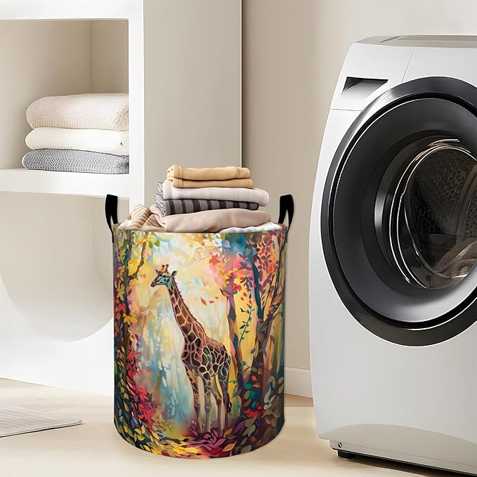 Colorful Giraffe in Forest Laundry Basket with Handles, 19.7"x15.7" Clothes Foldable Laundry Hamper Organizer for Dorm Nursery Bedroom Bathroom Decor, Toy Storage Bin for Kids